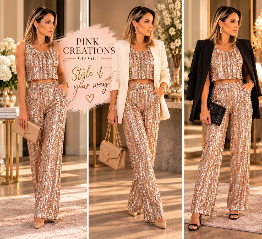 Forever 21 Rose Gold Sequin Crop Top & Wide Leg Pants Set